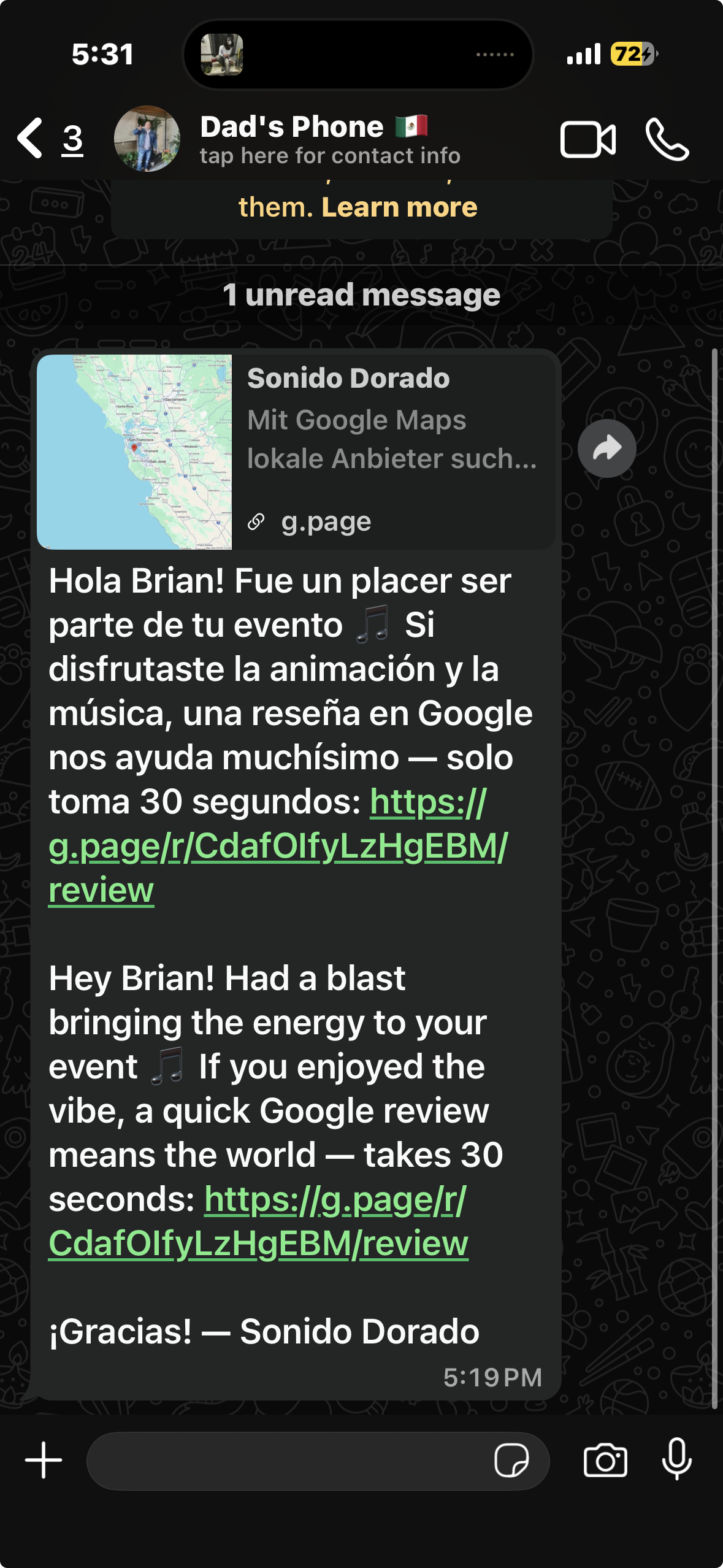 WhatsApp review request proof screenshot — click to enlarge
